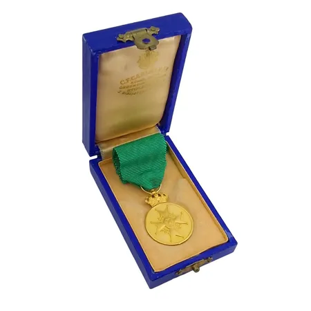 Guldmedalj Vasaorden, 18K guld, Ø24 mm, stämplad MJV GULD (1968) på kantrand, grönt ripsband, originaletui, vikt inkl. band 15,2 gram Vikt: 15,2 g