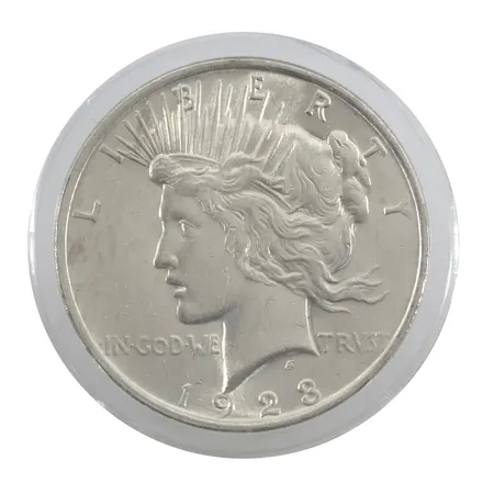 Mynt, silverdollar, USA 1923 (Peace Dollar), silver 900/1000, Ø38 mm, fint ex, förvaras i myntkapsel  Vikt: 26,9 g