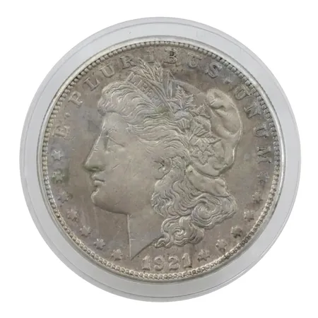 Mynt, silverdollar (Morgandollar), USA 1921, silver 900/1000, Ø38 mm, fint ex, förvaras i myntkapsel  Vikt: 26,7 g