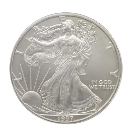 Mynt, silverdollar (Silver Eagle), USA 1997, silver 999/1000, 1 OZ FINE SILVER, Ø40 mm, ocirkulerat ex, förvaras i myntficka tillsammans med information om myntet  Vikt: 31,1 g