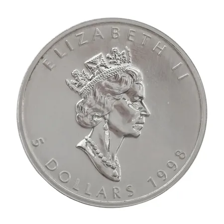 Mynt, 5 Dollar (Maple Leaf), Canada 1998, silver 999,9/1000, 1 OZ FINE SILVER, Ø38 mm, ocirkulerat ex, förvaras i myntficka tillsammans med information (äkthetscertifikat) om myntet  Vikt: 31,1 g