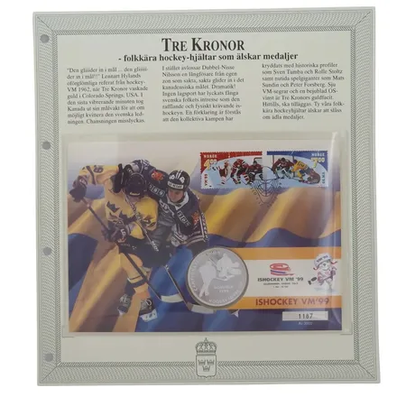 "Myntbrev" med medalj, Tre Kronor, 1999, smakfullt monterat i plastficka med information på baksidan, yttre mått 24,5x22 cm, nr 1187/3000