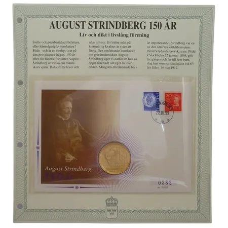 "Myntbrev" med förgylld medalj, August Strindberg, 1999, smakfullt monterat i plastficka med information på baksidan, yttre mått 24,5x22 cm, nr 0382/3000