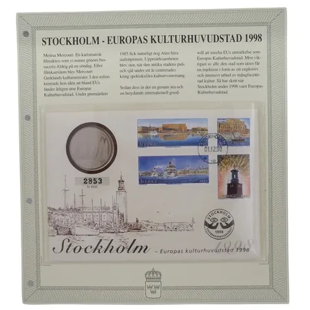 "Myntbrev" med medalj, Stockholm - Europas Kulturhuvudstad, 1998, smakfullt monterat i plastficka med information på baksidan, yttre mått 24,5x22 cm, nr 2853/6500