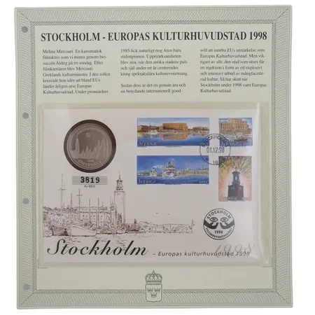 "Myntbrev" med medalj, Stockholm - Europas Kulturhuvudstad, 1998, smakfullt monterat i plastficka med information på baksidan, yttre mått 24,5x22 cm, nr 3819/6500