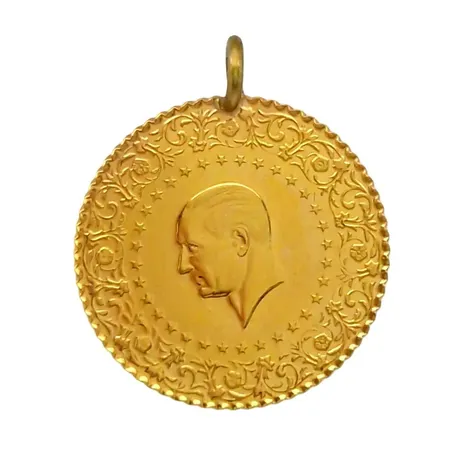 Hänge/mynt Ataturk 2014, Ø18mm, 21,6K guld, ögla i oädel metall,  Vikt: 1,8 g