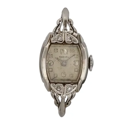 Vintage damur Harvel, 14K vitguld, diamanter 4 x  0,01ct, bredd 15 mm, längd 33 mm, manuellt urverk - defekt, vikt 8,0g