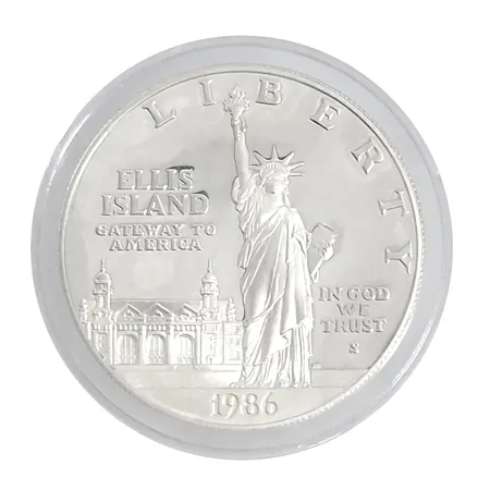 Mynt, USA - ONE DOLLAR 1986, silver 900/1000, Ø38 mm, ocirkulerad, förvaras i myntkapsel  Vikt: 26,7 g