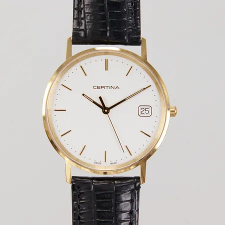 Herrur Certina, 18K, quartz, ref: 158.9289.68, Ø34mm, datum, originalläderband, certifikat 2020, box, ytterkartong, gravyr, batteribyte krävs Vikt: 0 g