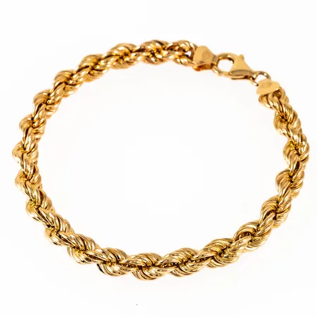 Armband, cordel i 18K guld. Det är 20 cm långt, 6,3 mm brett och väger 9,1g. Framstår oanvänt. Karbinhake. Stämplad UnoAErre, 750. Ihålig.