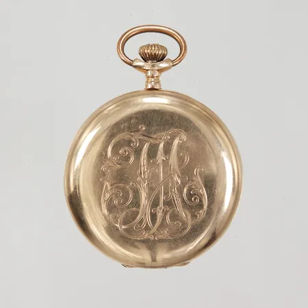 Savonette, Ø51,5mm, manuell, 14K, innerboett i metall, boettnummer: 205497 / N205197U, monogramgravyr, gravyr, defekt öppning, bruttovikt: 93,8g. 