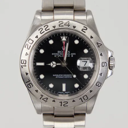 Herrur Rolex Explorer II, stål, automatisk, 39mm, ref: 16570, snr: Y861739, Cal. 3185, verknr: 3 9612407, datum, ca år 2002, 24h visning, oysterlänk, ref: 78790 A, AD3, viklås, total längd ca 17,5cm, inga tillbehör