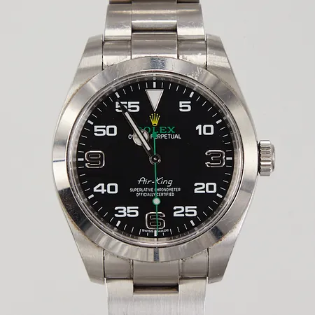 Herrur Rolex Air-King, stål, automatisk, Ø 40mm, ref: 116900, serienummer: 13AY3411, oysterlänk, total längd ca 18,5cm, certifikat 2018, manual, box, ytterkartong, repor/bruksskick