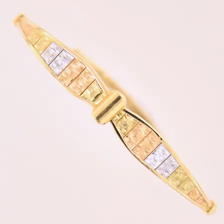 Armband, halvstelt, trefärgat, längd ca 17cm, bredd 2,5-7,7mm, 18K  Vikt: 11,3 g