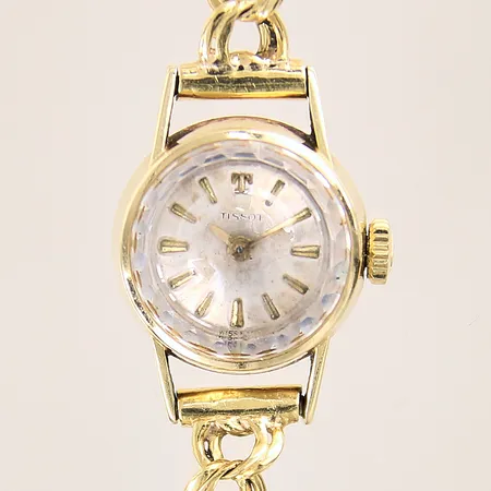 Damur Tissot, Ø17mm, längd: ca 18,5cm, manuell, defekt tavla, går ej, boett 14K, länk 18K, bruttovikt: 17g. 