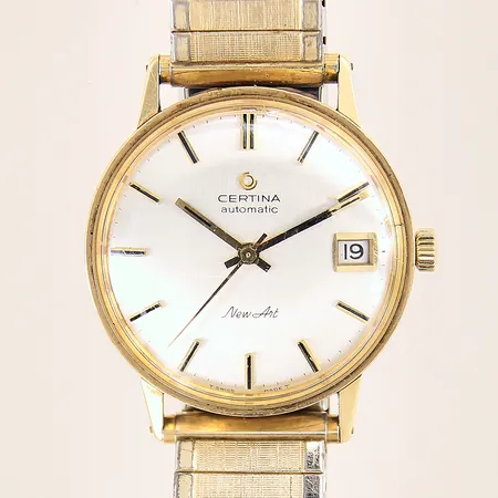 Herrur Certina New Art, 14K, automatisk, Ø34mm, datum, flexband i stål/doublé, originalbox, repigt glas, gravyr, 14K bruttovikt: 57,8g 