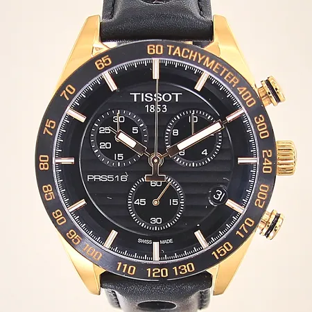 Herrur Tissot PRS516, stål/doublé, quartz, Ø42mm, ref-nr:T100417A, serie-nr:Y34 ZJR BVF, datum, kronograf, läderband, viklås stål/doublé, manual, box, ytterkartong, går ej, behov av batteribyte. 