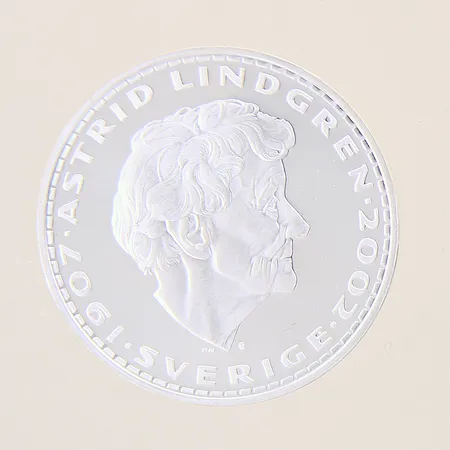 Mynt, Astrid Lindgren, 1907-2002, Karlsson på taket 1955, Ø38mm, plastetui, silver 999/1000 Vikt: 26,8 g