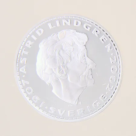 Mynt, Astrid Lindgren 1907-2002, Emil i Lönneberga 1963, Ø38mm, plastetui, silver 999/1000 Vikt: 26,6 g