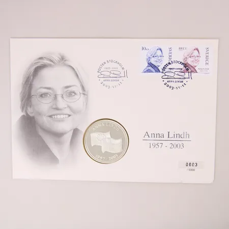 Mynt, Anna Lindh 1957-2003, Sveriges utrikesminister 1998-2003, plomberad i brev, silver 925/1000 Vikt: 0 g