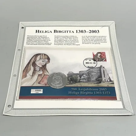Mynt, Heliga Birgitta 1303-2003, Alvastrakloster, 700-årsjubileum, plomberad i brev, silver 925/1000 Vikt: 0 g