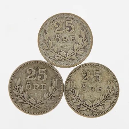 Mynt, tre 25-öringar, silver 600/1000,  Vikt: 7 g