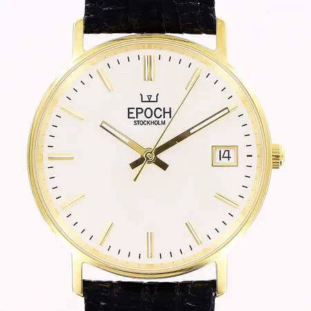 Herrur Epoch Stockholm, 18K, quartz, Ø34mm, vit urtavla, datum, sekundvisare, original läderband, 24cm, klockan är oanvänd, bruttovikt 31,8g, folder, etui.
