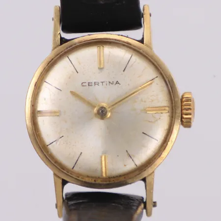Damur, Certina, 14K, manuell (går ej), 19mm, boettnr 0809 493 423301, smuts i urtavla, plexiglas med repor, läderband, inga tillbehör 