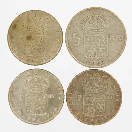 Mynt, en 5kr, tre 2kr, silver 400/1000,  Vikt: 59,8 g