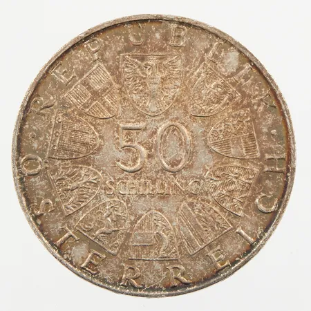 Mynt, år 1969, nominellt värde 50 Schilling, silver 900/1000  Vikt: 20 g