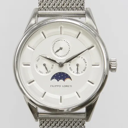 Herrur Filippo Loreti, Venice Moonphase Silver Mesh, Basilica di San Marco, Ø 40mm, quartz, stål, datum, dag, månad, safirglas, stållänk, repig glas, behov av batteribyte, inga tillbehör. 