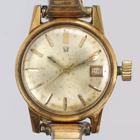 Damur Omega Seamaster Ø22mm, guld på stål, manuell uppdragning, datum, fuktskadad urtavla med slitage, ca 1960-tal, flexlänk i stål 