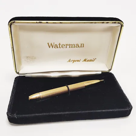 Kulspetspenna Waterman 18K, längd ca 9cm, etui, saknar fjäder, bruttovikt: 11,6g.