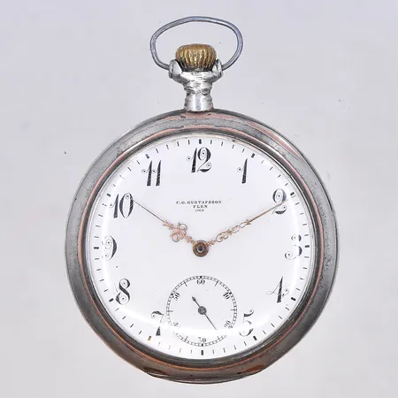 Fickur Omega/C.O.Gustafsson Flen IMP, manuell, liten sekundvisare, Ø52 mm, boett nr 4869434, urverks nr 498238, fungerar vid testtillfället, boett lös, silver 800/1000. Bruttovikt 88,4g.