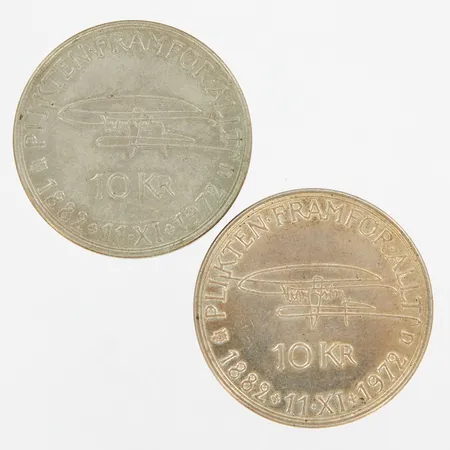 Mynt, två 10kr, silver 830/1000, Vikt: 36,3 g