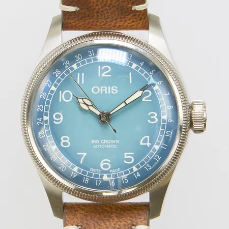 Herrur Oris Big Crown Pointer Date X Cervo Volante, stål, automatisk, Ø 38mm, refnr: 01 754 7779 4065, serienr: 3949529, cal. 754, safirglas, original läderband, garantikort, skinnfodral, box, ytterkartong. 