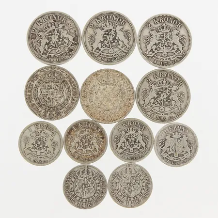 Mynt, sex 2kr, sex 1kr, silver 800/1000, Vikt: 132,2 g