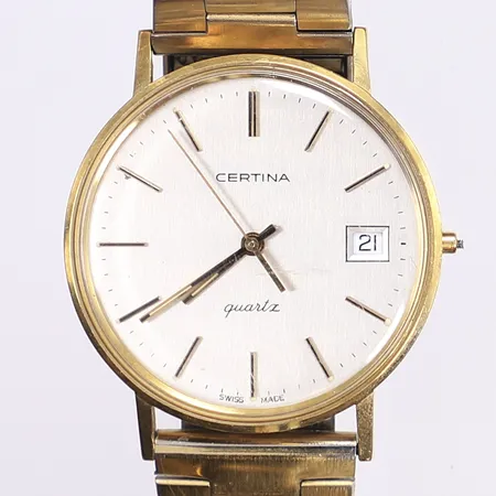 Herrur Certina, Ø33mm, quartz, 18K i boett, defekt, saknar krona, graverad bakboett, armband dubblé, Bruttovikt: 53,1g