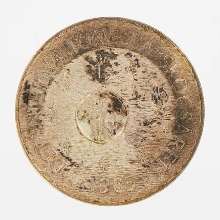 Minnesmynt, Skogens år 1985, Ø32mm, nominellt värde 100kr, 925/1000 silver Vikt: 16 g