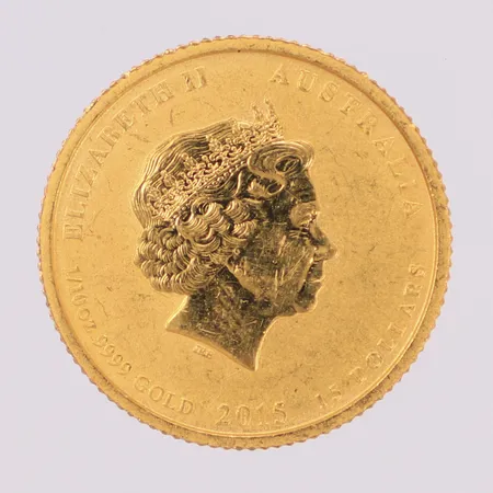 Mynt, 15 Dollars, Elizabeth II, år 2015, Ø17,8mm, "Year of the Goat", 1/10 oz, 24K, 3,1g Vikt: 3,1 g