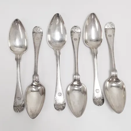 Sex Matskedar, längd ca 21cm, monogramstämplade, år 1842-44, L.P.Malm + G.Holm, besticklinda gravyr, 830/1000  Vikt: 348,3 g