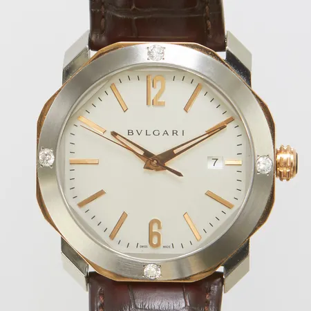 Herrur Bvlgari Octo Roma, stål samt roséguld 18K, automatisk, Ø 41mm, ref: 102703, serienr: P00272, cal. BVL 19, safirglas, datum, original läderband, modifierad med diamanter av kund,  certifikat Bergströms ur Göteborg 2020, mindre repor, går ej/stannar vid vila, box. 