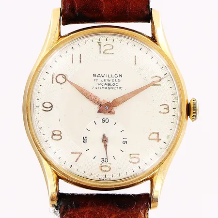 Herrur Savillon, 18K, manuell, Ø33mm, vit urtavla, liten sekundvisare, slitage på läderband, ej original, gravyr, tunna repor på glas, bruttovikt 33,5g, inga tillbehör, 