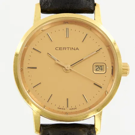 Damur Certina 18K, Ø 24mm, quartz, datum, boettnr: EOL152.9289.68, läderband, gravyr på bakboett, behov av batteribyte, inga tillbehör, bruttovikt: 15,4 gram