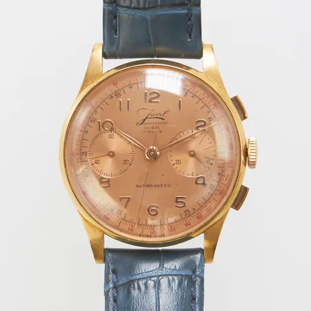 Herrur Javil Chronographe Suisse 18K, Ø 37mm, manuell, kronograf, boettnr: 1757-484, plexiglas, läderband, skadad urtavla, inga tillbehör. 