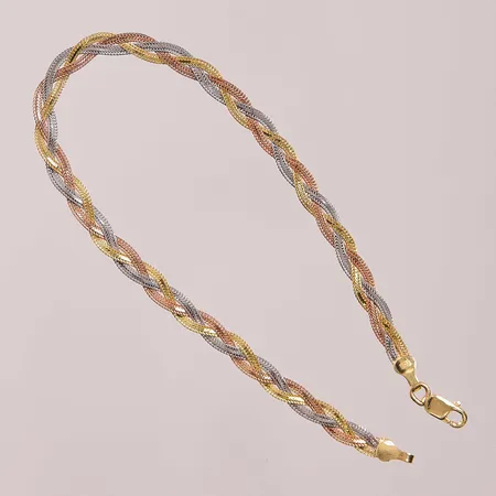 Armband, 18cm, bredd:4mm, flätad, trefärgad, 18K 3,0g.
