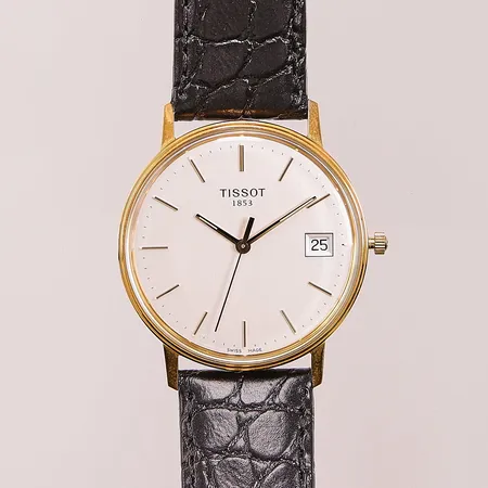 Herrur Tissot 18K, 33,5cm, quartz, går ej, personlig gravyr, läderband original.