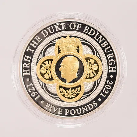 Minnesmynt, 5 Pounds, Elizabeth II Bailiwick of Guernsey, H.R.H. Prince Philip, The Duke of Edinburgh, etui, 925/1000 Silver 28,2g.