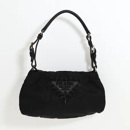 Väska, Prada Tessuto nylon, dragkedja,  läderband 35 cm, detaljer i vitmetall, 14x23cm, dustbag