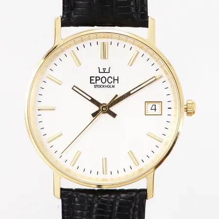 Herrur Epoch Stockholm, Ø34mm, boett 18K, Quartz, datum, svart läderarmband, box, inköpt på Bernhard Huke 29/11 2024, nyskick, gravyr baksida "Malmö Stad 2024"